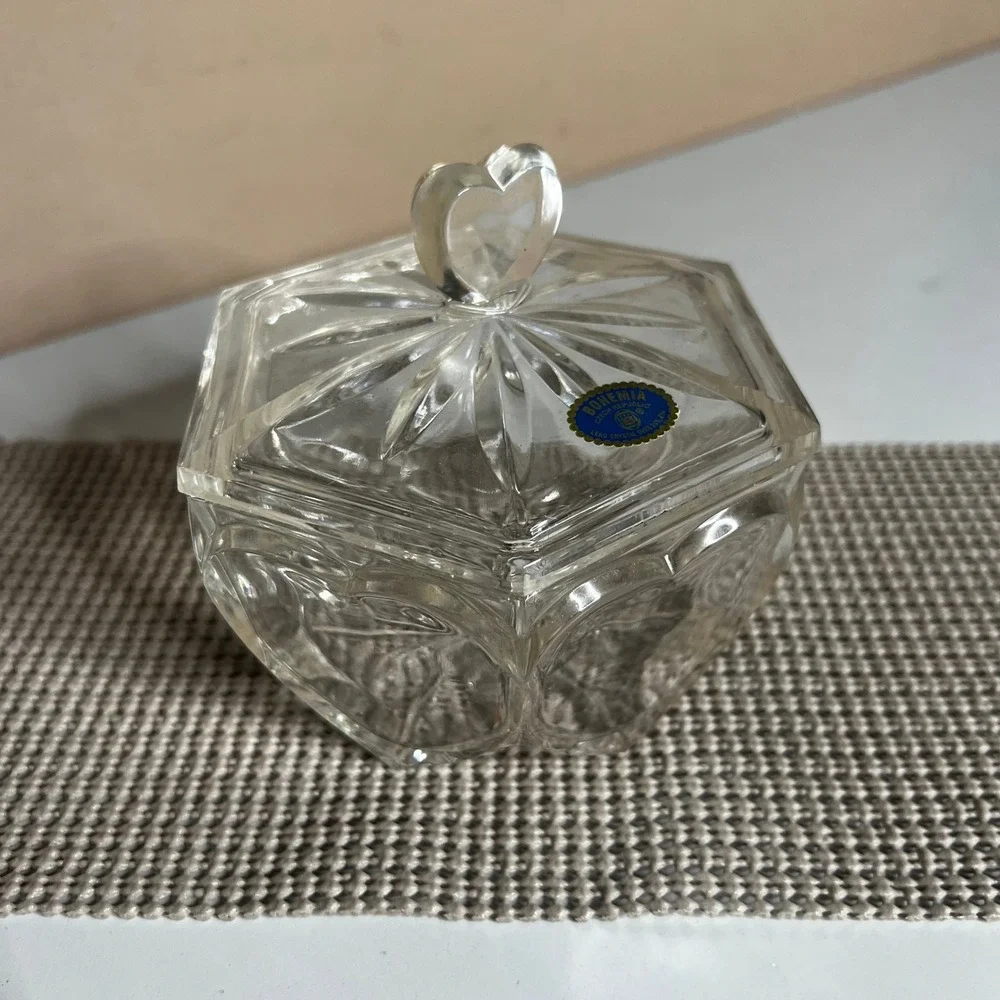 Bohemia Crystal Hexagon Trinket Box Heart Finial Czech Republic Lead Crystal